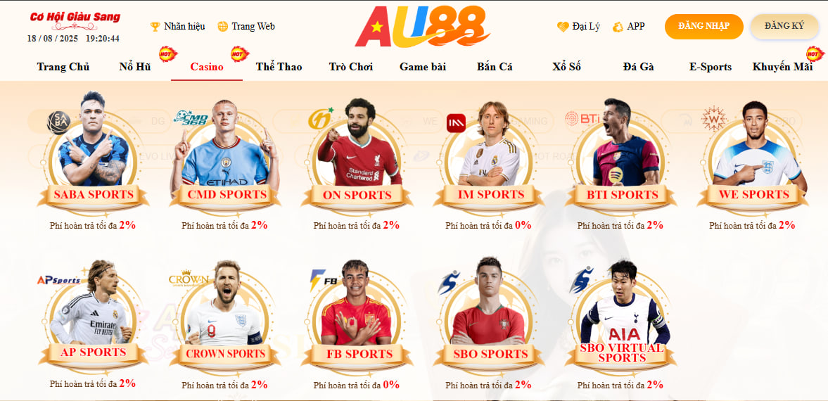 AU88 – TRANG CHỦ 23 Sảnh thể thao AU88 với đa dạng kèo cược hấp dẫn từ kèo góc, kèo thẻ phạt, kèo tỷ số, kèo châu Á, kèo châu Âu,...